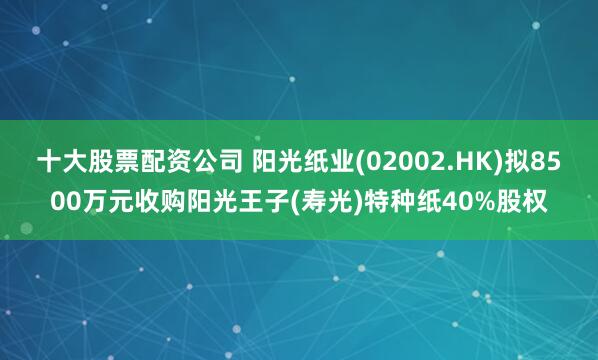 十大股票配资公司 阳光纸业(02002.HK)拟8500万元收购阳光王子(寿光)特种纸40%股权